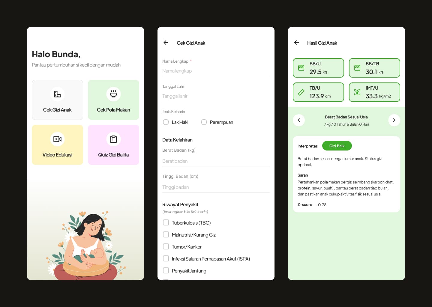 Aksi Gizi home page, input form, and results