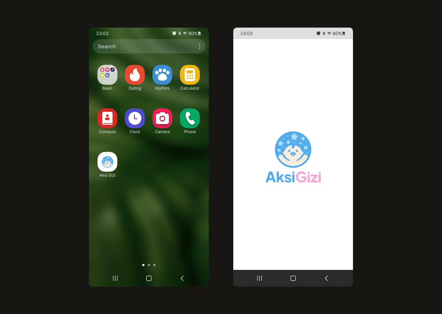 The app icon and the Android home screen showing the app installed