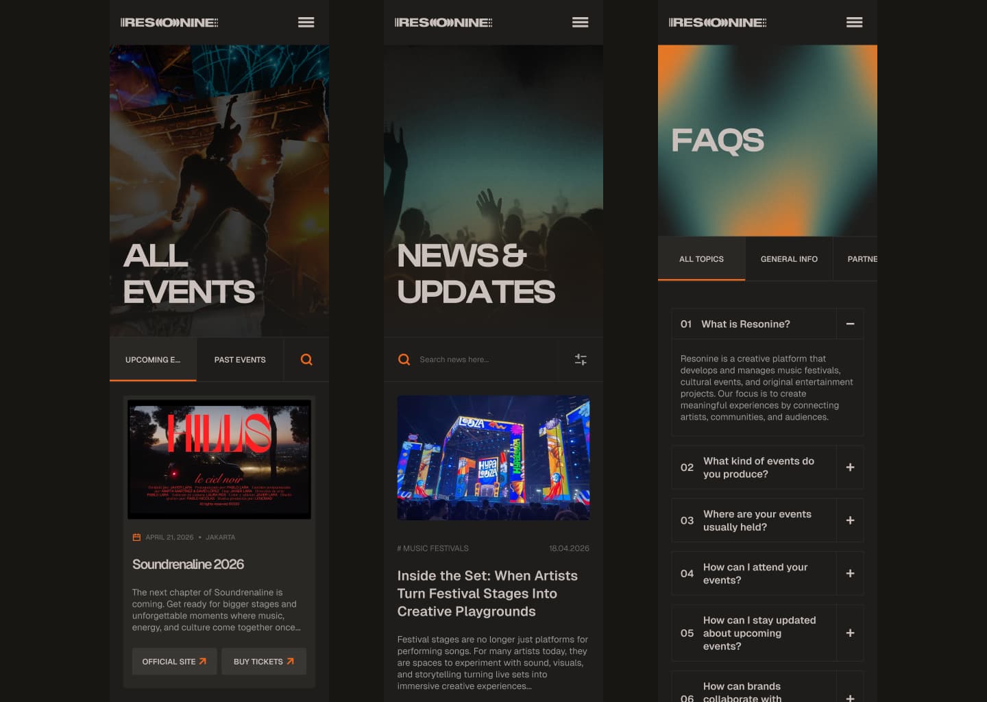 Showing page Upcoming Event, News, and FAQ