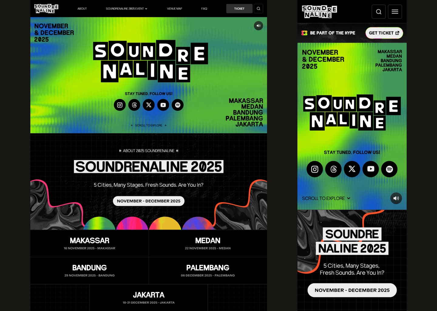 Soundrenaline home page on desktop and mobile